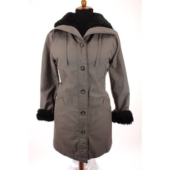 London Fog Womens Trench Coat Jacket Black Thick Faux Fur Lined Gray Sz 8 Reg - Picture 1 of 9
